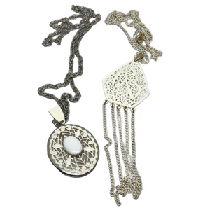 Curated bundle lot 2 silver white enamel costume statement long necklaces 70's